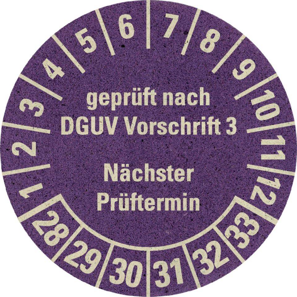 Prüfplakette geprüft nach DGUV Vorschrift 3, Nächster Prüftermin, 28-33, violett, Primärfaser-Graspapier, Ø30mm, 500/Rolle