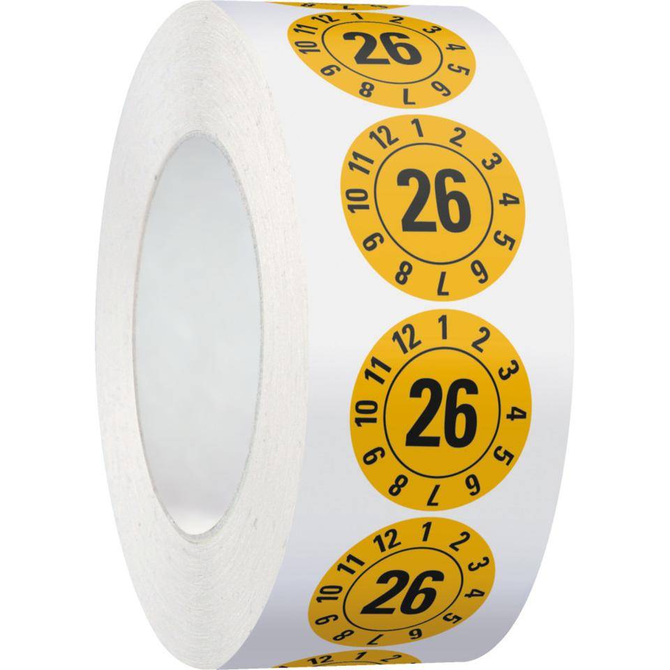 Jahresprüfplakette 26, gelb, Folie, ablösbar, Ø 20mm, 500/Rolle