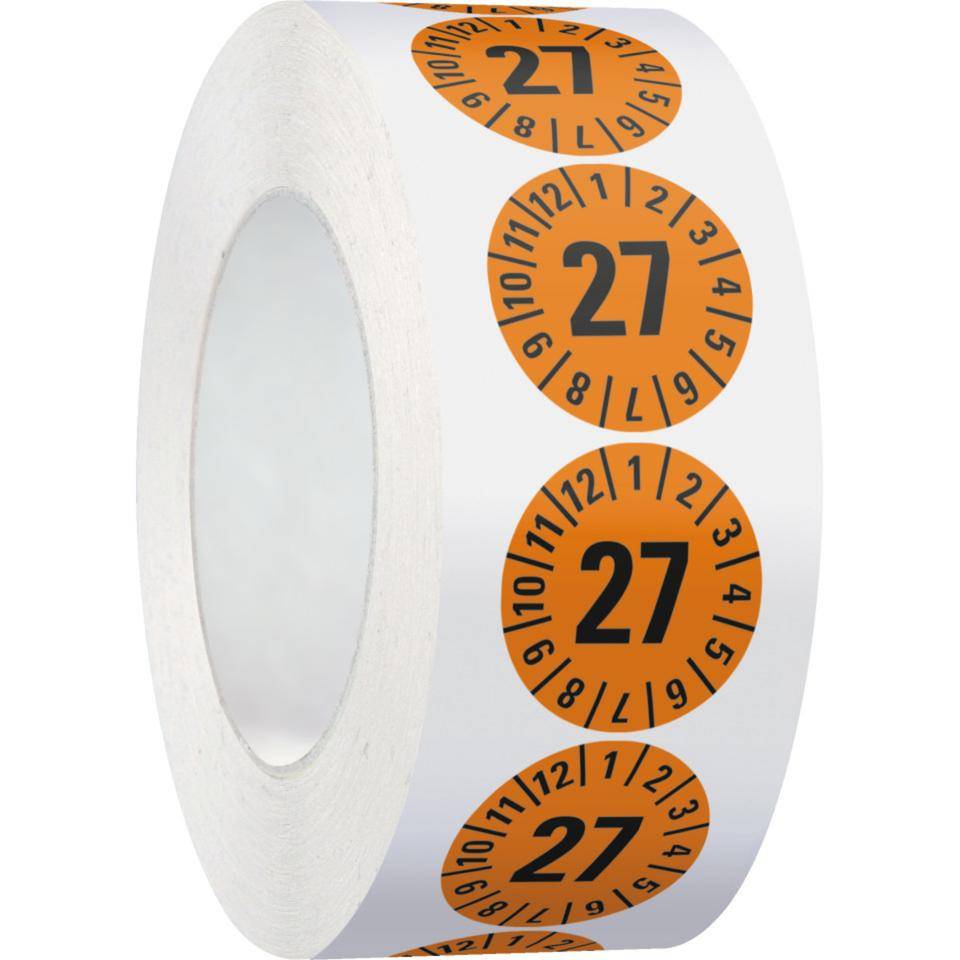 Prüfplakette 27, orange, Cellulose-Folie, selbstklebend, Ø 30mm,500/Rolle
