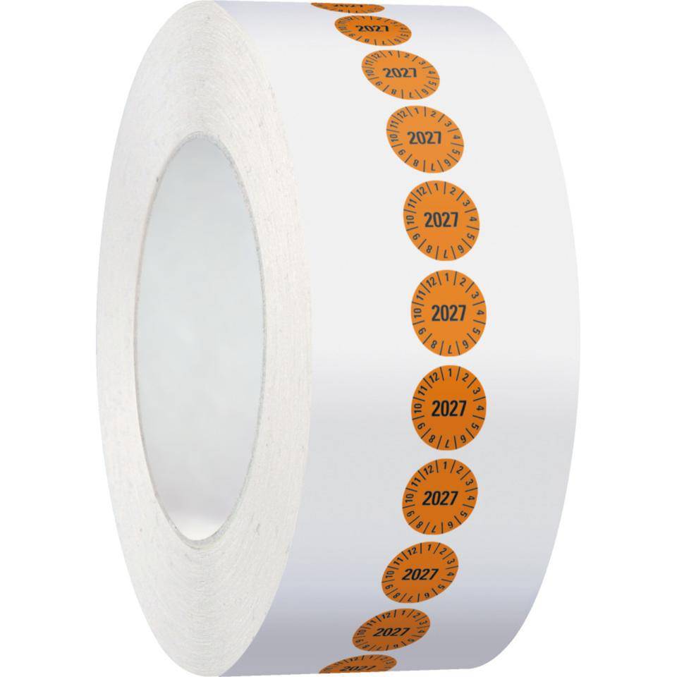 Jahresprüfplakette 2027, orange, Folie, ablösbar, Ø 10mm, 1000/Rolle
