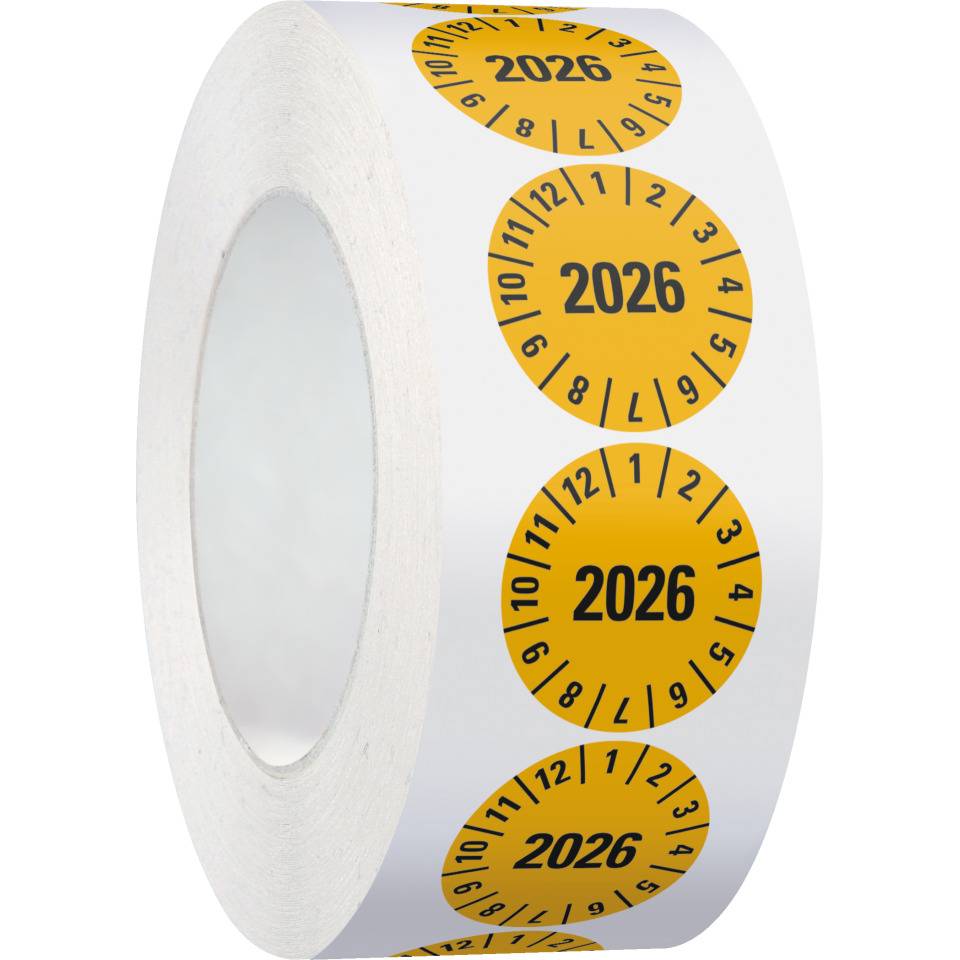Jahresprüfplakette 2026, gelb, Dokumentenfolie, Ø 30mm, 500/Rolle
