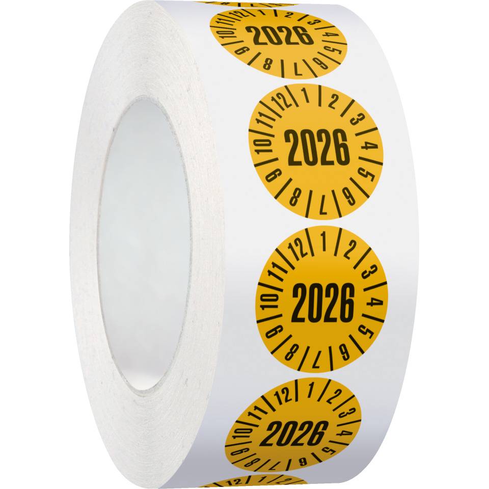 Prüfplakette 2026, gelb, Cellulose-Folie, selbstklebend, Ø 30mm, 500/Rolle