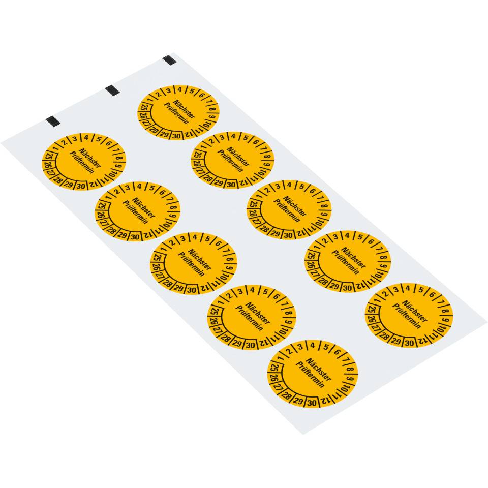 Prüfplakette Nächster Prüftermin 25-30, gelb, Folie, ablösbar, Ø 35mm, 10/Bogen