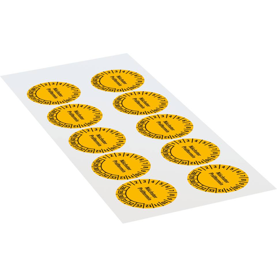 Prüfplakette Nächster Prüftermin, 28-33, gelb, Dokumentenfolie, Ø 35mm, 10/Bogen