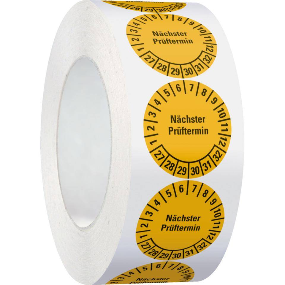 Prüfplakette Nächster Prüftermin 27-32, gelb, Folie, ablösbar, Ø35mm, 500/Rolle