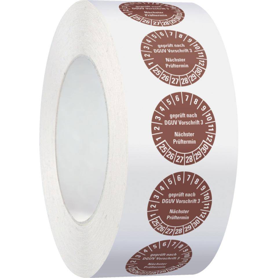Prüfplakette geprüft nach DGUV Vorschrift 3 Nächster Prüftermin 25-30,braun,Dokumentenfolie,Ø25mm,500/Rolle
