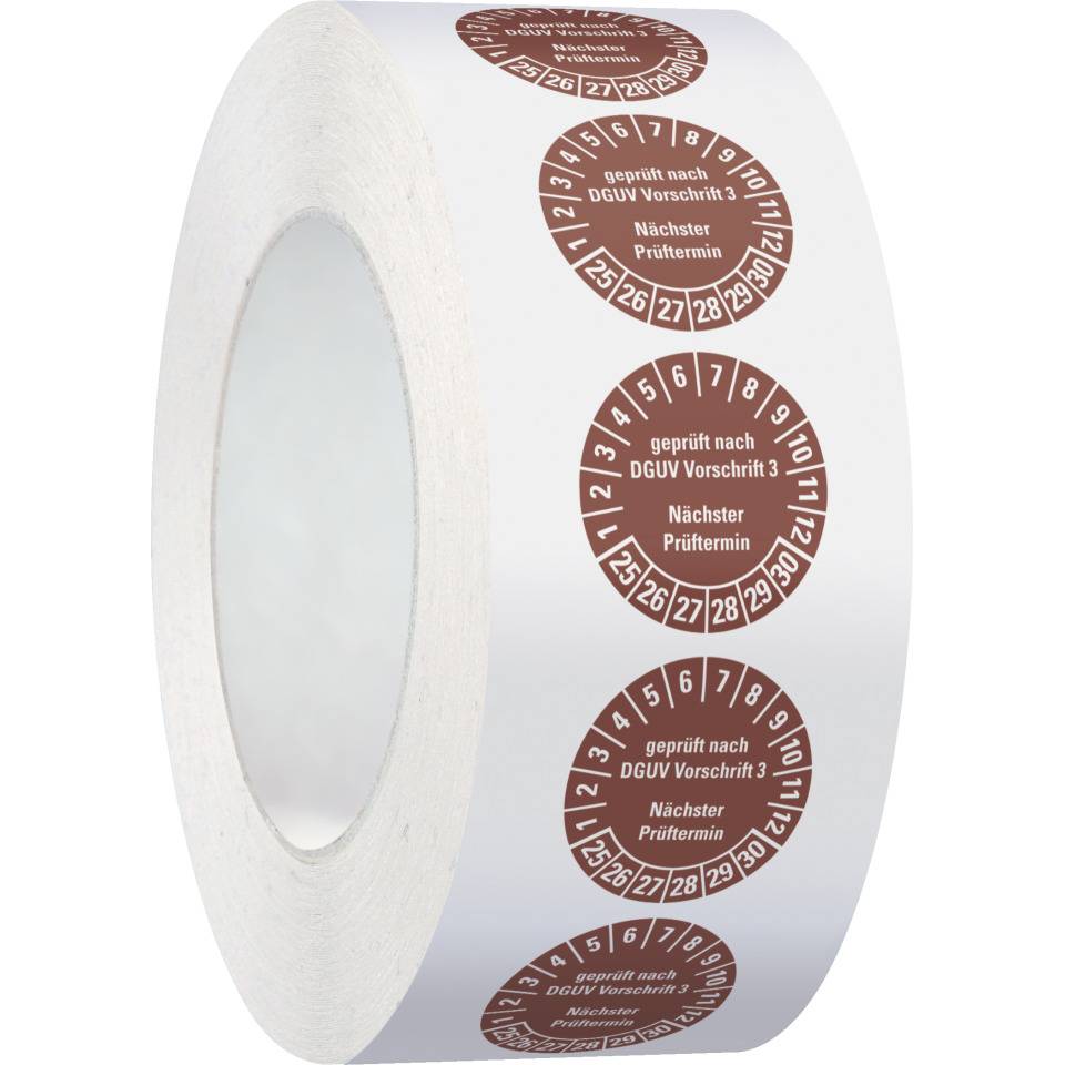 Prüfplakette geprüft nach DGUV Vorschrift 3 Nächster Prüftermin 25-30,braun,Dokumentenfolie,Ø25mm,500/Rolle