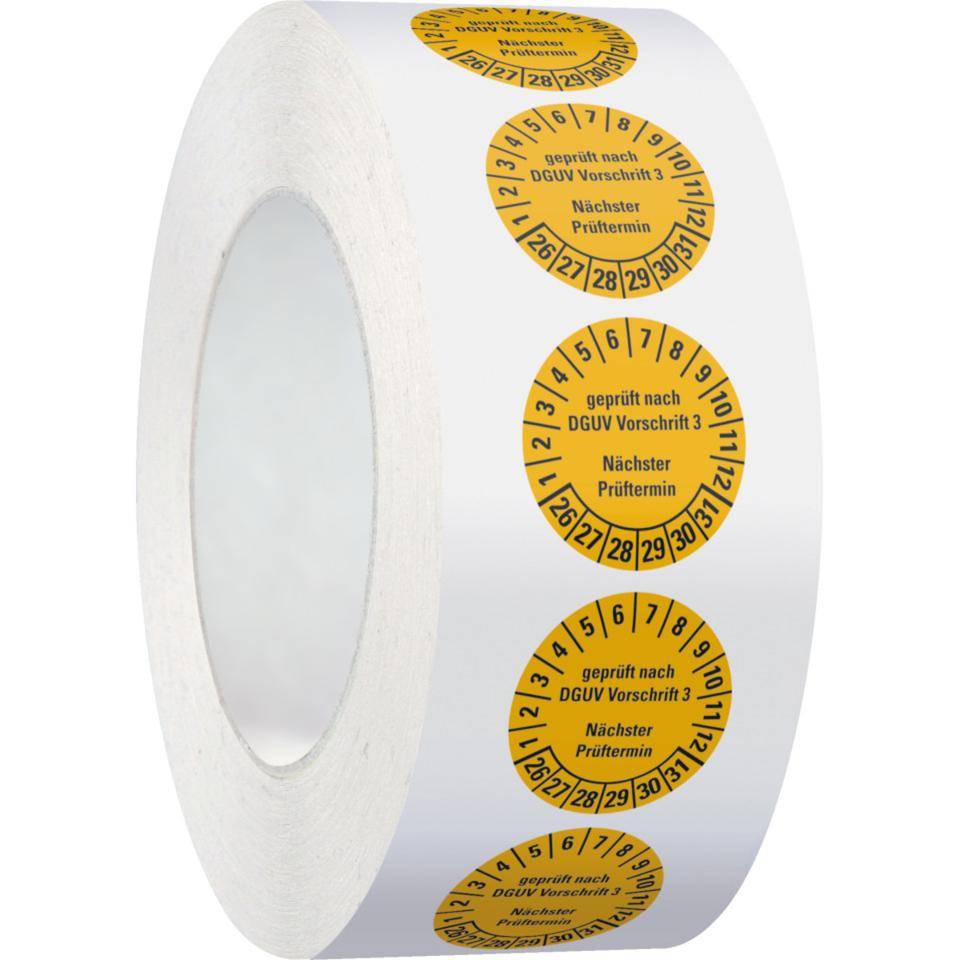 Prüfplakette geprüft nach DGUV Vorschrift 3 Nächster Prüftermin,26-31,gelb,Folie,ablösbar,Ø 25mm,500/Rolle