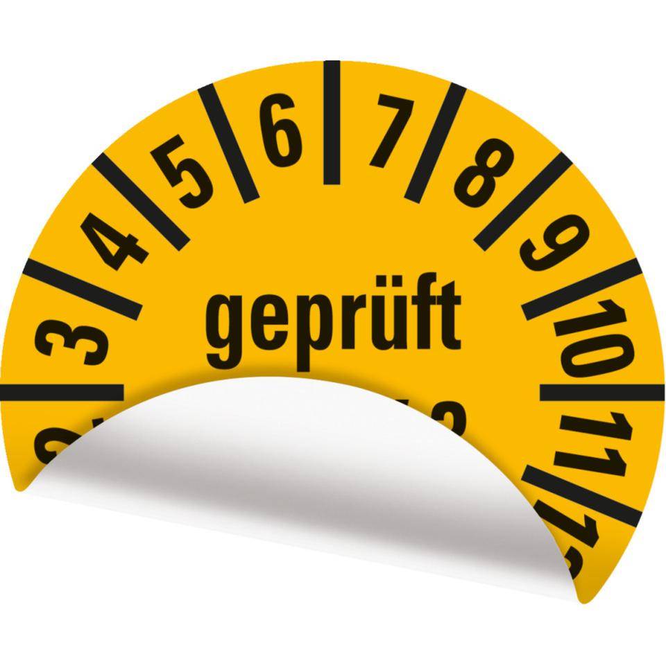 Prüfplakette geprüft nach DGUV 3,26-29,gelb,Folie,ablösbar,Ø 10mm,1000/Rolle