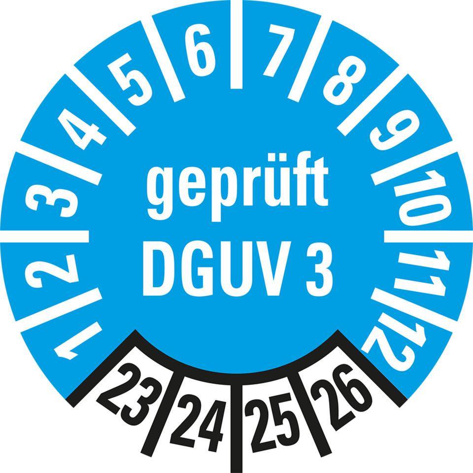 Prüfplakette geprüft nach DGUV 3,23-26,hellblau,Folie,ablösbar,Ø10mm,1000/Rolle