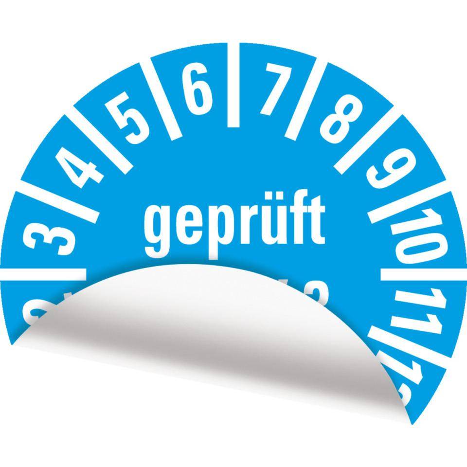 Prüfplakette geprüft nach DGUV 3,23-26,hellblau,Folie,ablösbar,Ø10mm,1000/Rolle