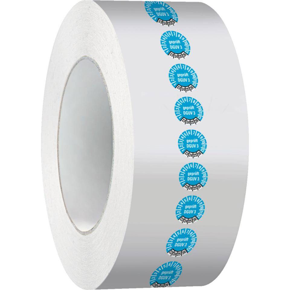 Prüfplakette geprüft nach DGUV 3,23-26,hellblau,Folie,ablösbar,Ø10mm,1000/Rolle
