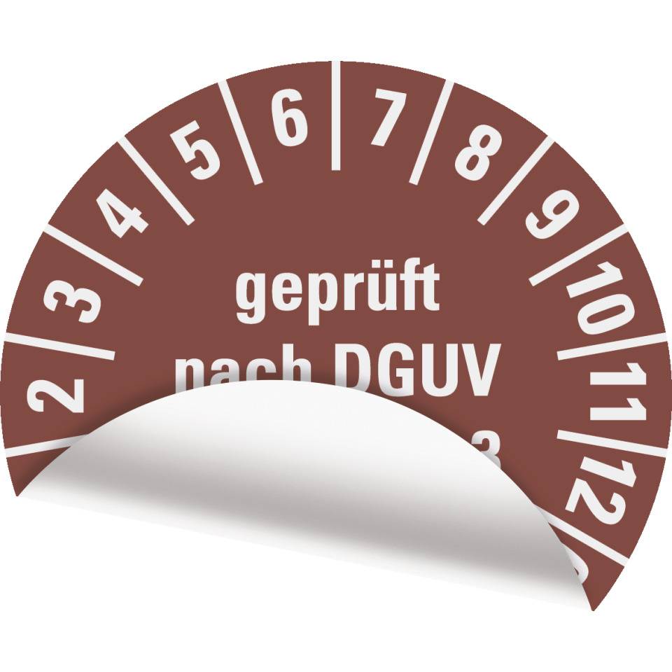 Prüfplakette geprüft nach DGUV Vorschrift 3, 25-30, braun, Folie, ablösbar, Ø 20mm, 36/Bogen