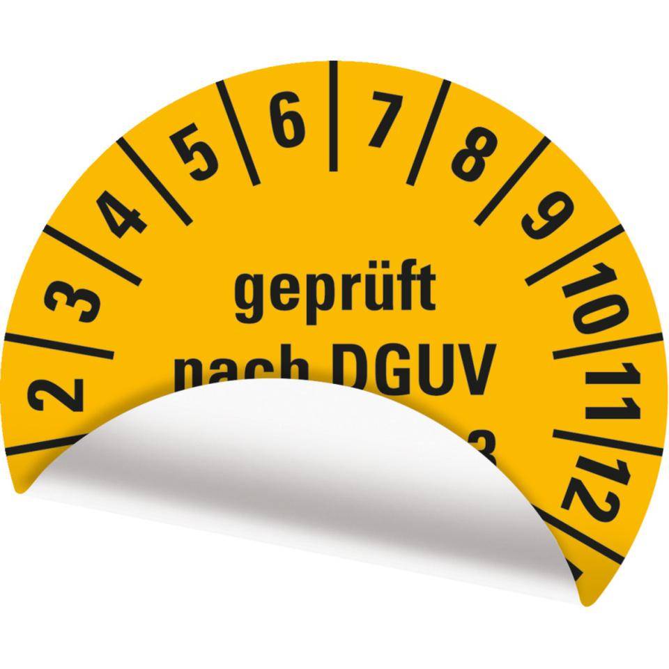 Prüfplakette geprüft nach DGUV Vorschrift 3,26-31,gelb,Folie,ablösbar,Ø 15mm,60/Bogen