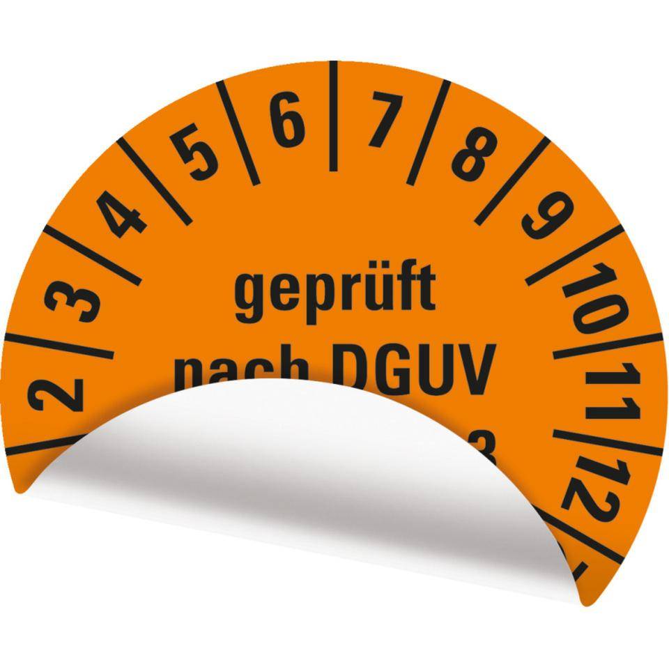 Prüfplakette geprüft nach DGUV Vorschrift 3, 27-32, orange, Folie, ablösbar, Ø 15mm, 60/Bogen