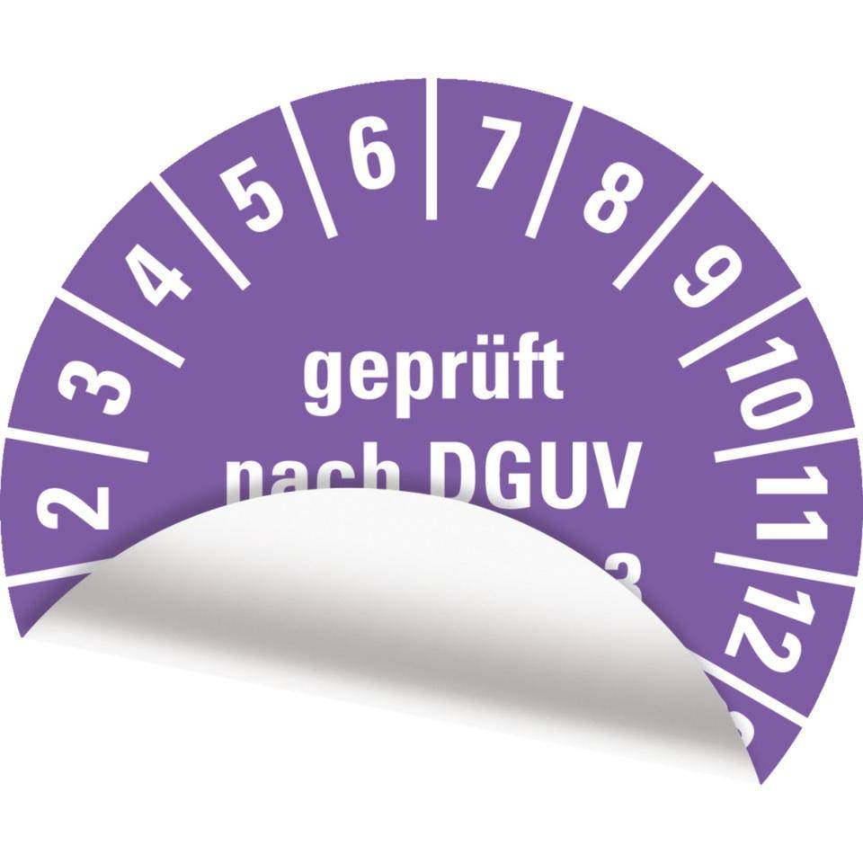 Prüfplakette Geprüft nach DGUV Vorschrift 3, 28-33, violett, Folie, ablösbar, Ø 20mm, 36/Bogen
