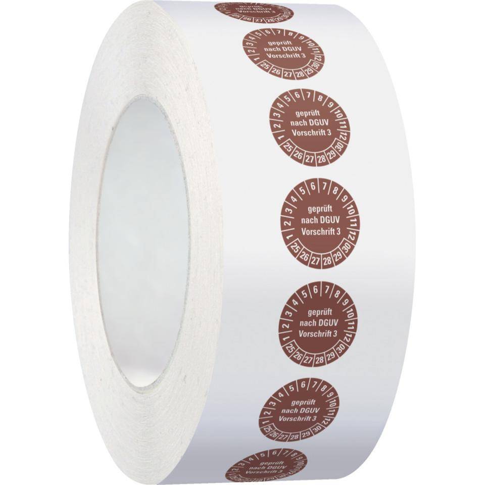 Prüfplakette geprüft nach DGUV Vorschrift 3 25-30,braun,Dokumentenfolie,Ø15mm,1000/Rolle