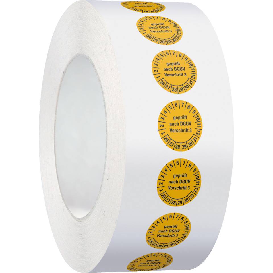 Prüfplakette geprüft nach DGUV Vorschrift 3,26-31,gelb,Folie,ablösbar,Ø 15mm,1000/Rolle