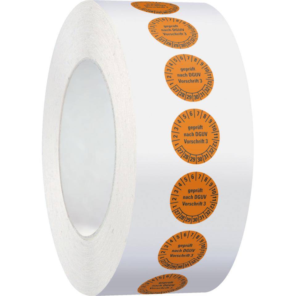 Prüfplakette geprüft nach DGUV Vorschrift 3 27-32, orange, Dokumentenfolie, Ø15mm, 1000/Rolle
