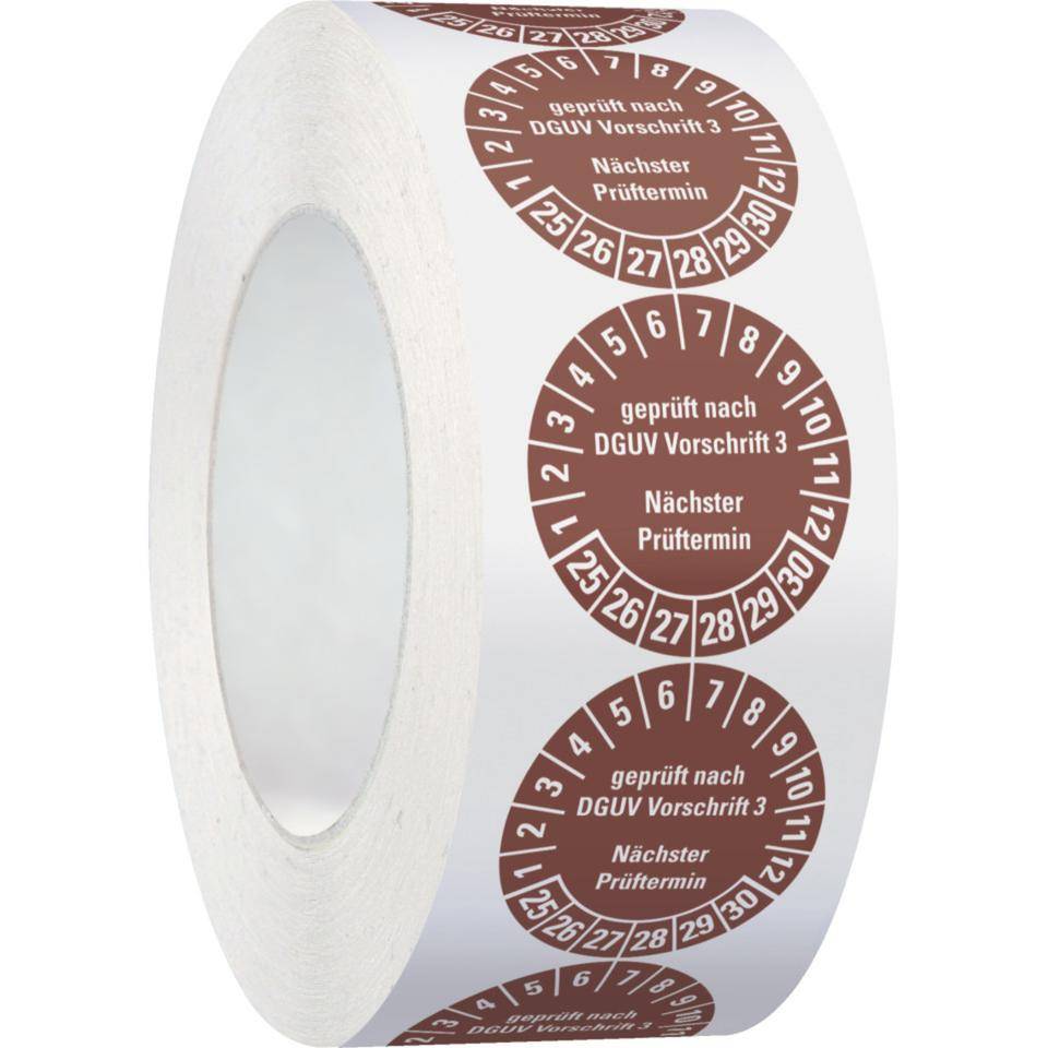 Prüfplakette geprüft nach DGUV Vorschrift 3 Nächster Prüftermin,25-30,braun,Folie,ablösbar,Ø 35mm,500/Rolle