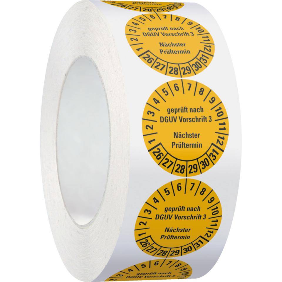 Prüfplakette geprüft nach DGUV Vorschrift 3 Nächster Prüftermin,26-31,gelb,Folie,ablösbar,Ø 35mm,500/Rolle