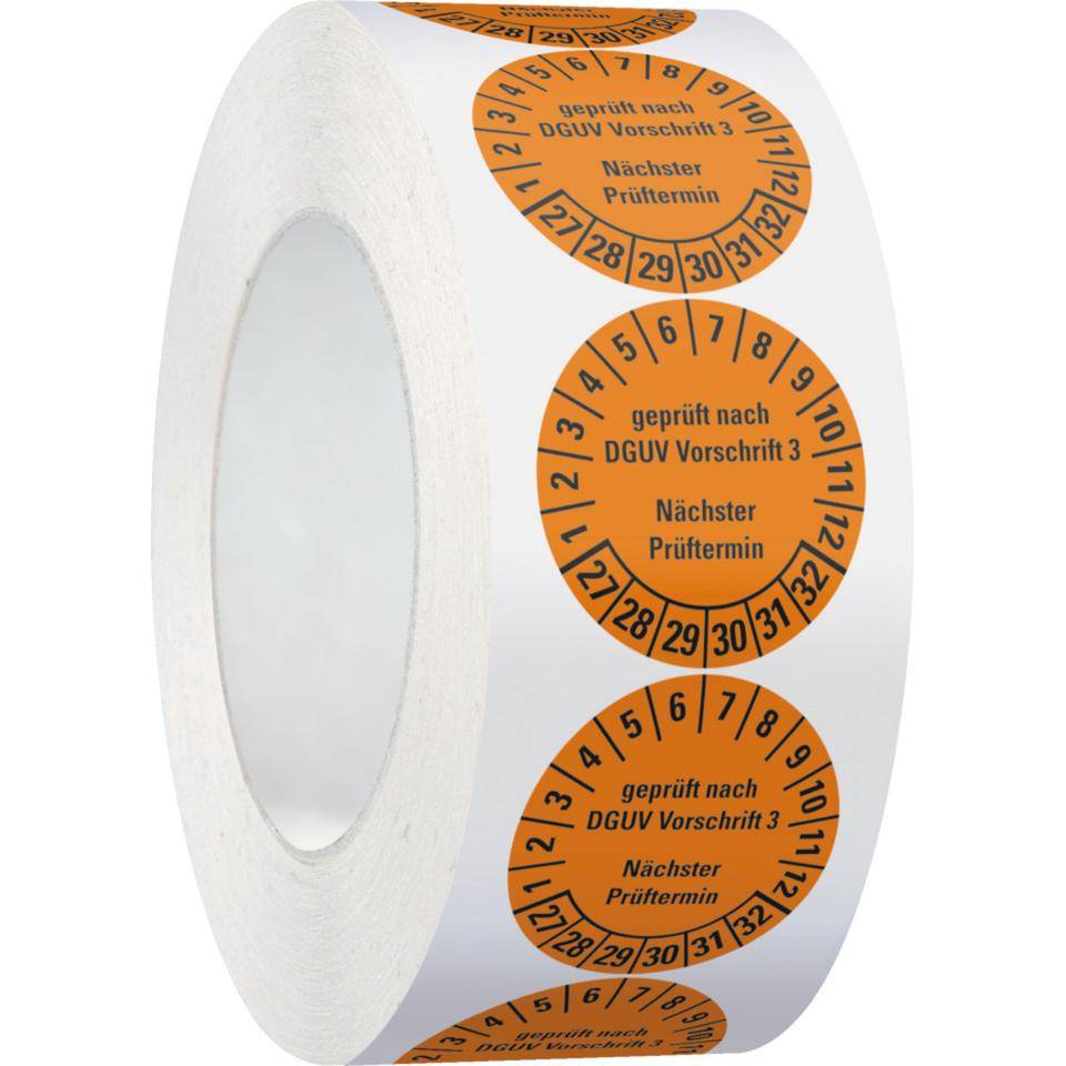 Prüfplakette Geprüft nach DGUV Vorschrift 3 Nächster Prüftermin,27-32, orange, Folie, ablösbar, Ø 35mm, 500/Rolle