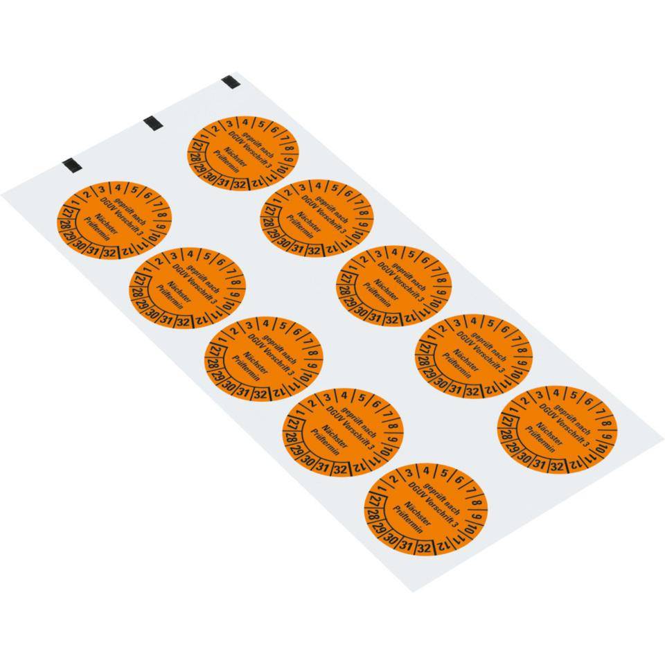 Prüfplakette Geprüft nach DGUV Vorschrift 3 Nächster Prüftermin,27-32, orange, Folie, ablösbar, Ø 35mm, 10/Bogen