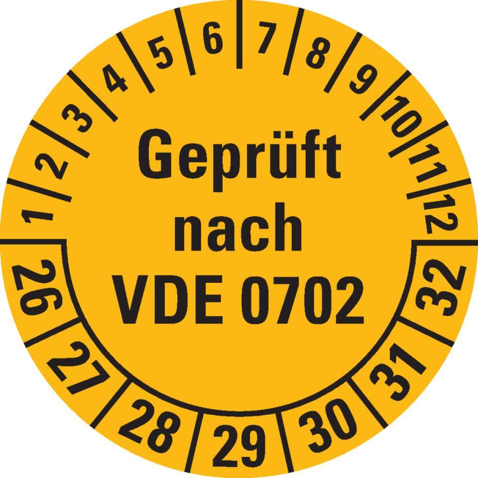 Prüfplakette Geprüft nach VDE 0702 26-32,gelb,Dokumentenfolie,Ø30mm,18/Bogen