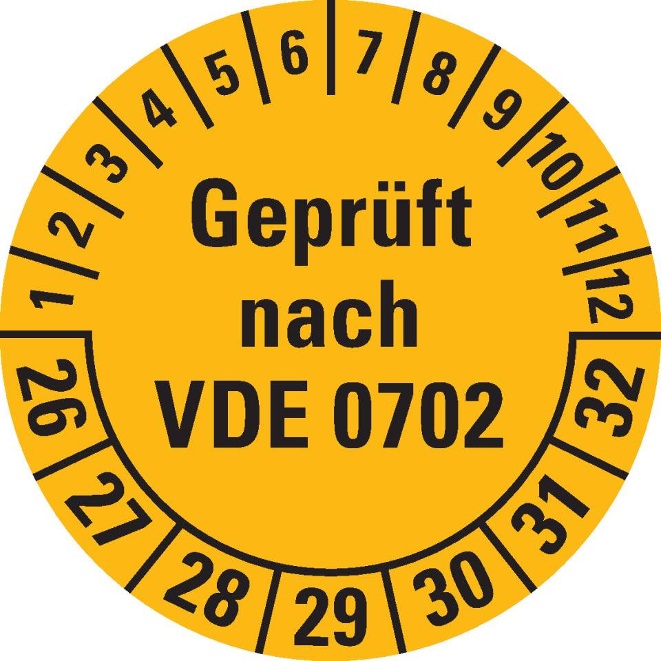 Prüfplakette geprüft nach VDE 0702,26-32,gelb,Dokumentenfolie,Ø30mm,500/Rolle