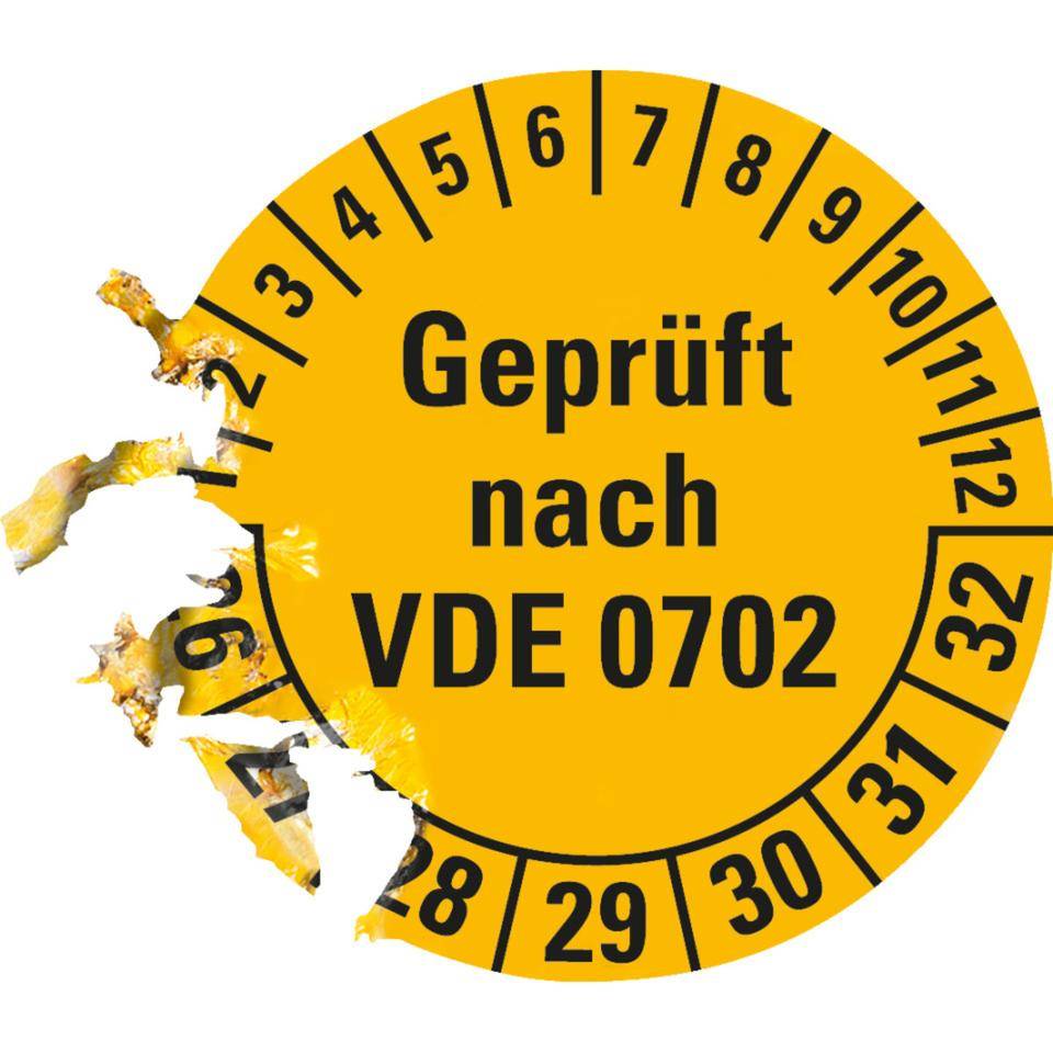 Prüfplakette Geprüft nach VDE 0702 26-32,gelb,Dokumentenfolie,Ø30mm,18/Bogen
