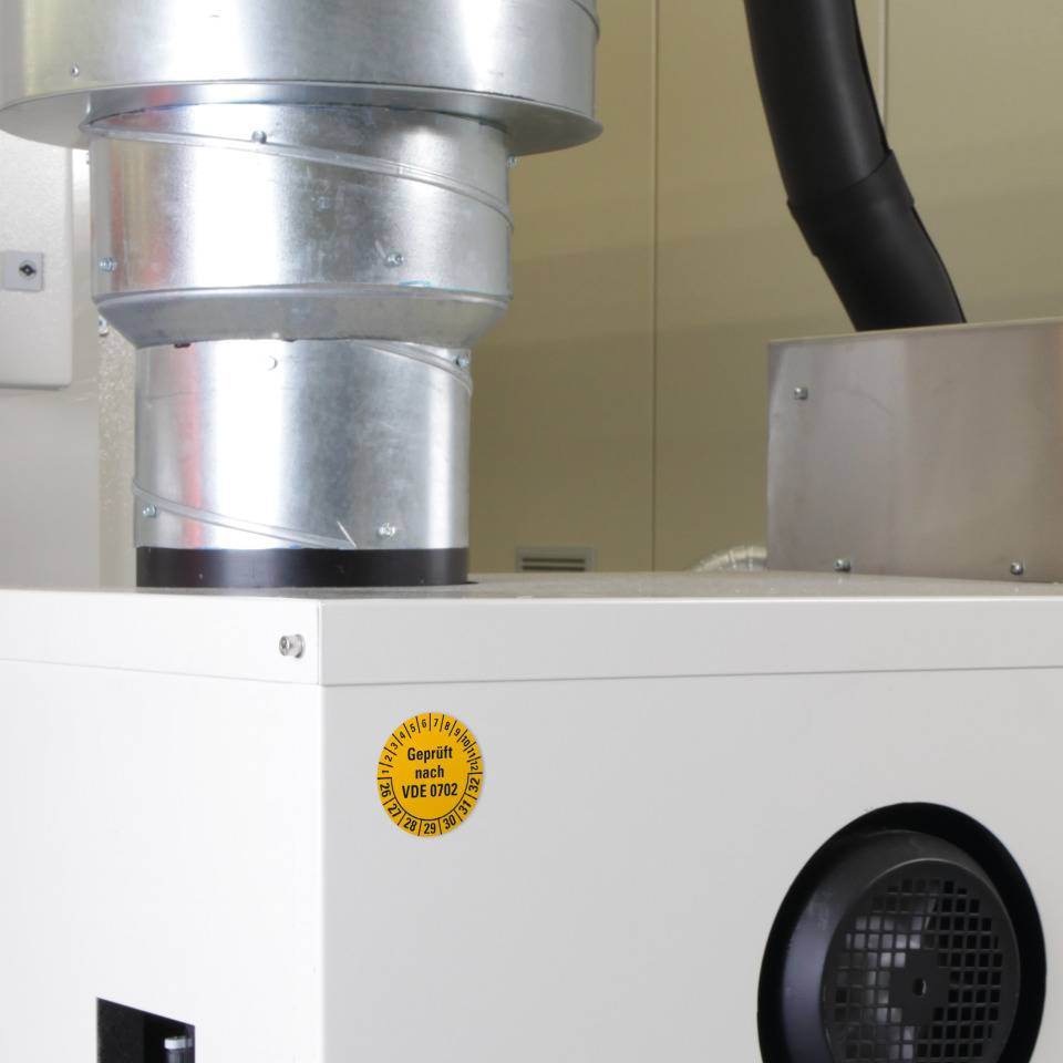 Prüfplakette geprüft nach VDE 0702,26-32,gelb,Dokumentenfolie,Ø30mm,500/Rolle