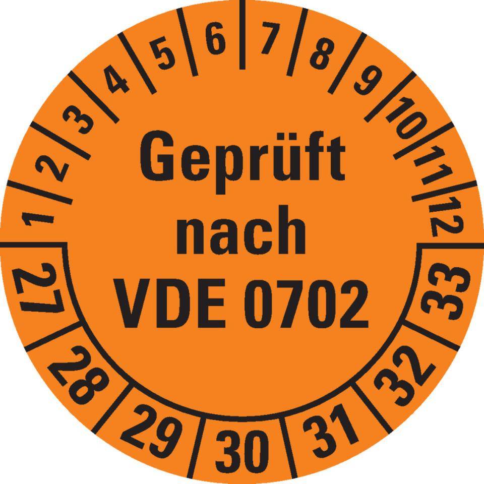 Prüfplakette geprüft nach VDE 0702, 27-33, orange, Dokumentenfolie, Ø30mm, 500/Rolle