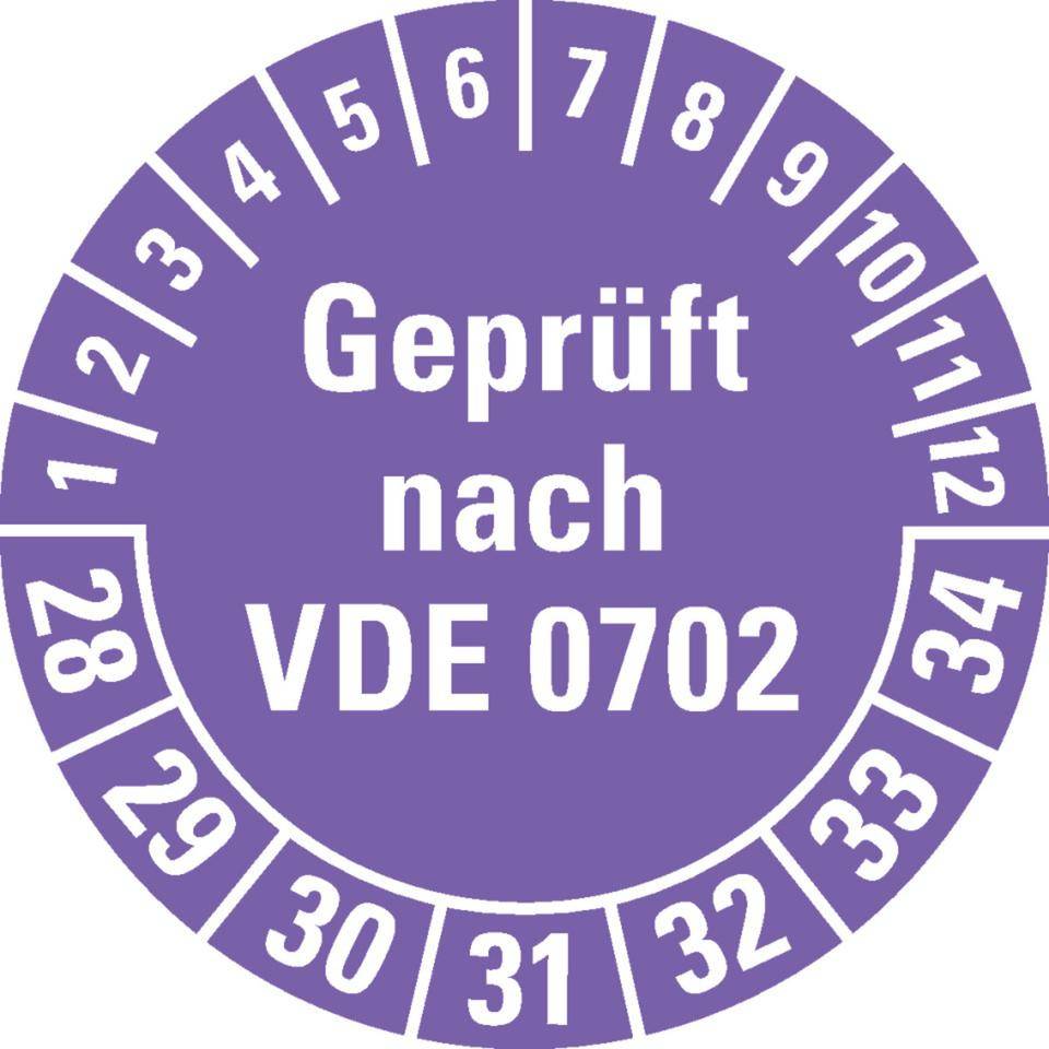 Prüfplakette Geprüft nach VDE 0702 28-34, violett, Dokumentenfolie, Ø30mm, 18/Bogen