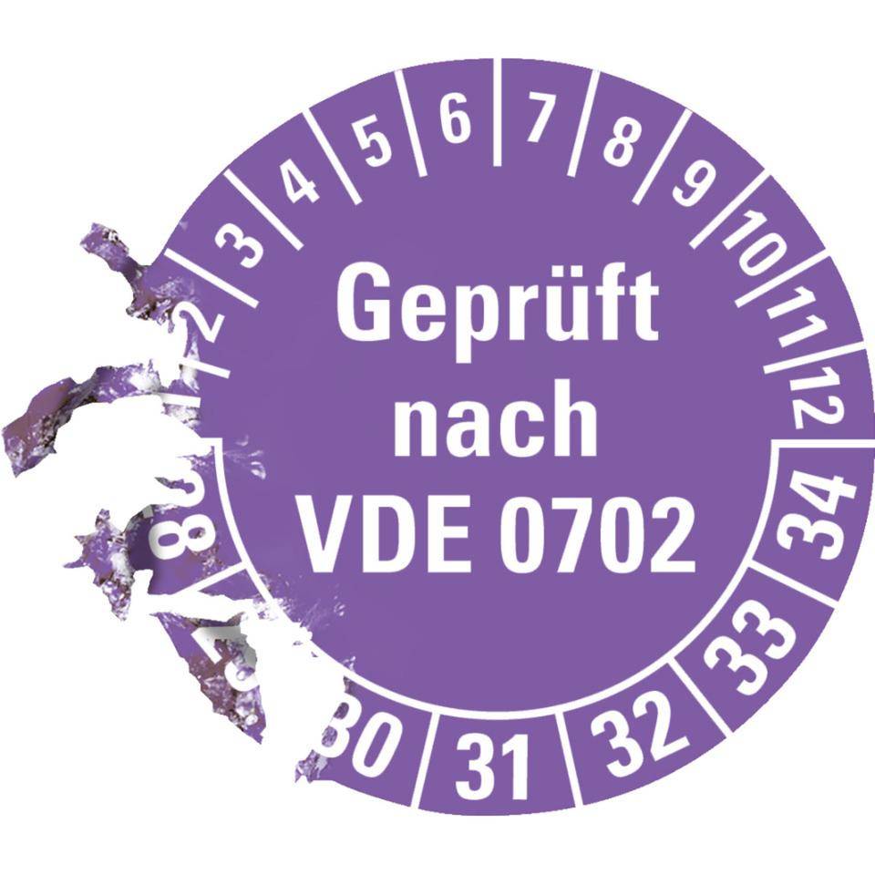 Prüfplakette Geprüft nach VDE 0702 28-34, violett, Dokumentenfolie, Ø30mm, 18/Bogen