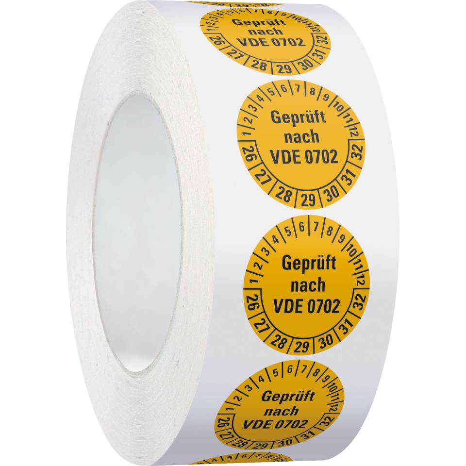 Prüfplakette geprüft nach VDE 0702,26-32,gelb,Dokumentenfolie,Ø30mm,500/Rolle