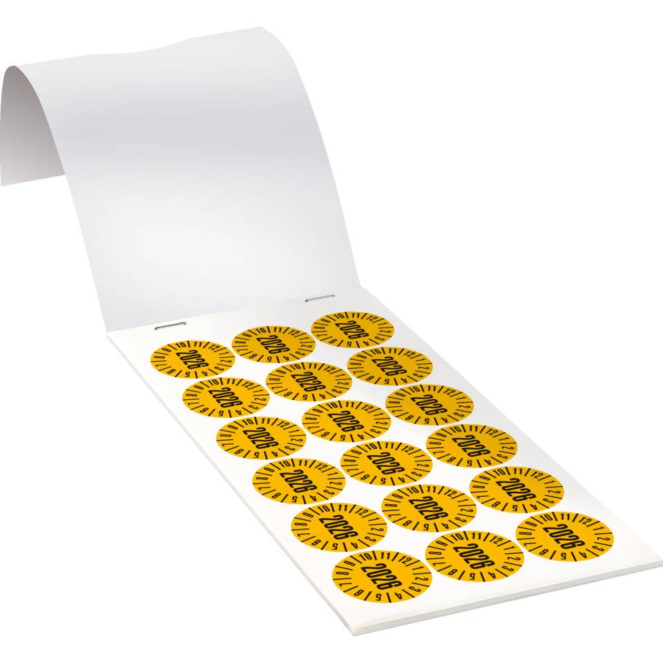 Prüfplakette 2026, gelb, Dokumentenfolie, Ø 30mm, 108/Heft