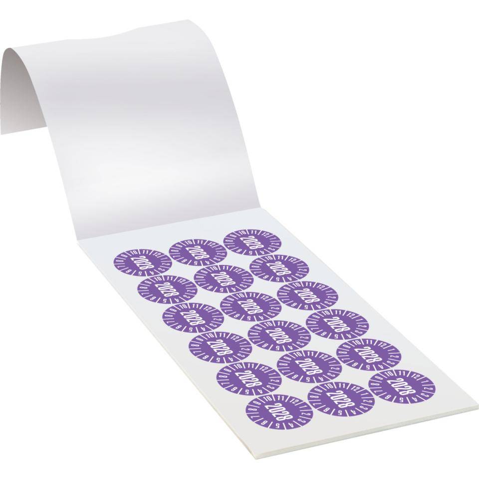 Prüfplakette 2028, violett, Folie, ablösbar, Ø 30mm, 108/Heft