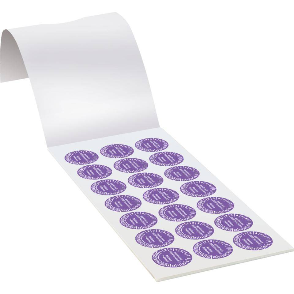 Prüfplakette geprüft nach DGUV 3 Nächster Prüftermin, 28-33, violett, Dokumentenfolie, Ø 25mm, 105/Heft
