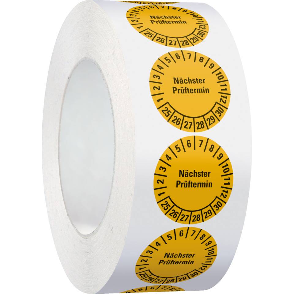 Prüfplakette Nächster Prüftermin 25-30,gelb,Cellulose-Folie,Ø 30mm,500/Rolle