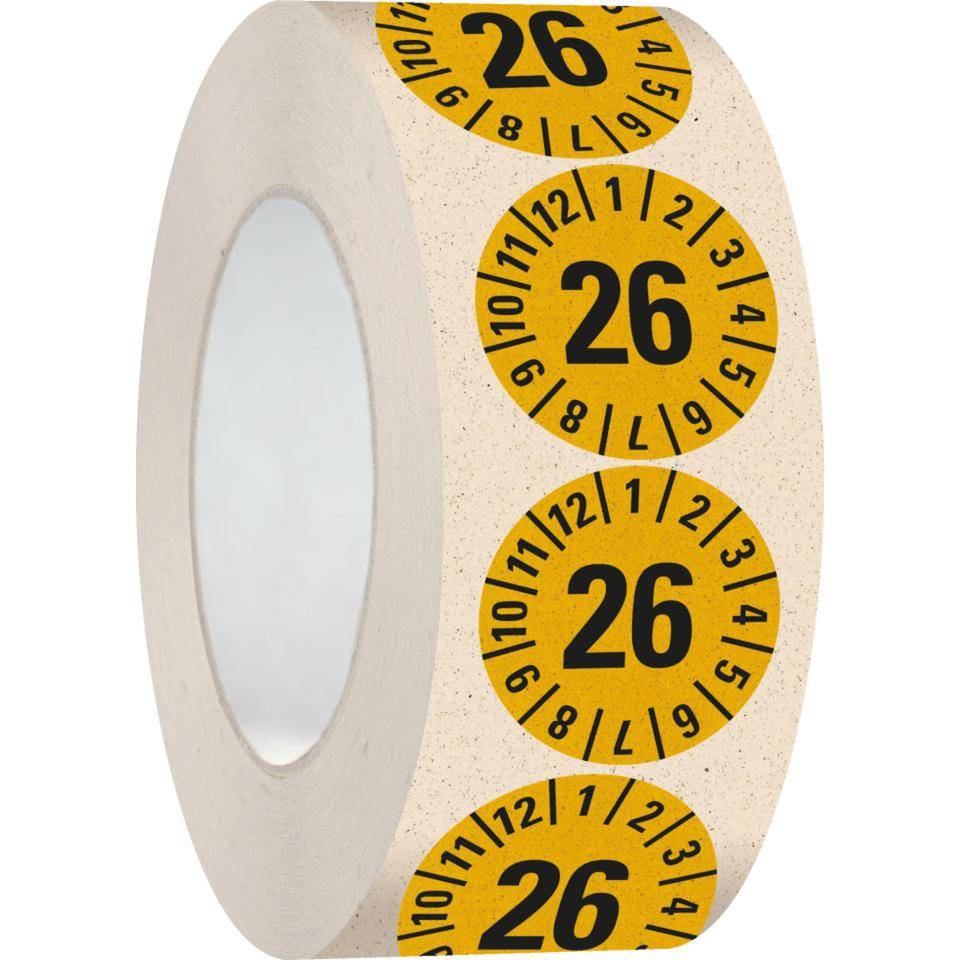 Prüfplakette 26, gelb, Primärfaser-Graspapier, Ø 30mm, 500/Rolle