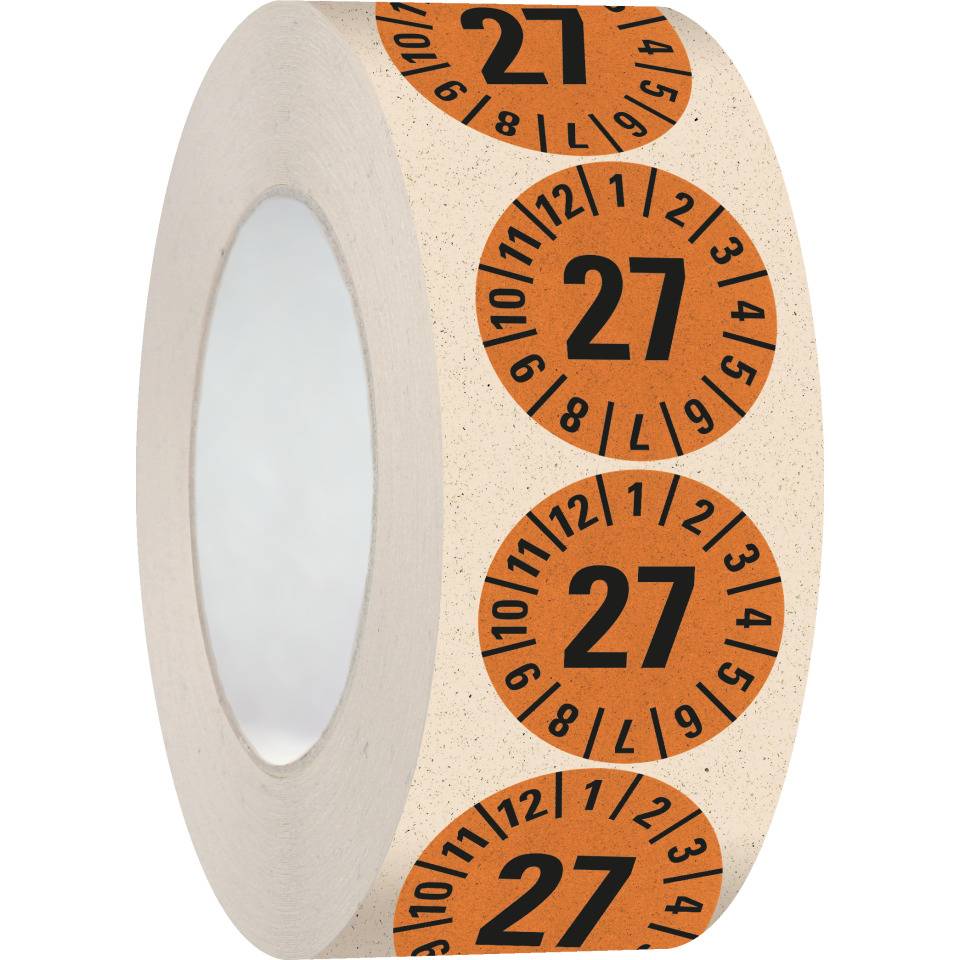 Prüfplakette 27, orange, Primärfaser-Graspapier, selbstkl., Ø 30mm, 500/Rolle