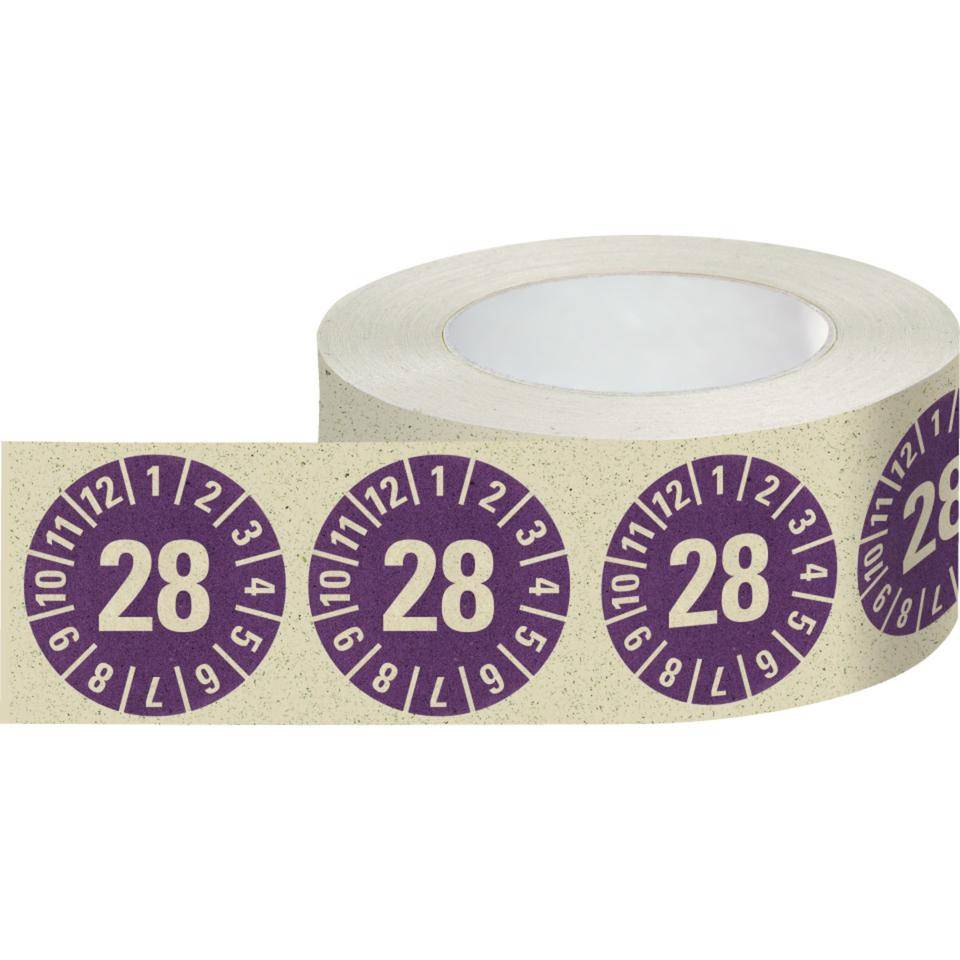 Prüfplakette 28, violett, Primärfaser-Graspapier, selbstklebend,Ø 30mm, 500/Rolle