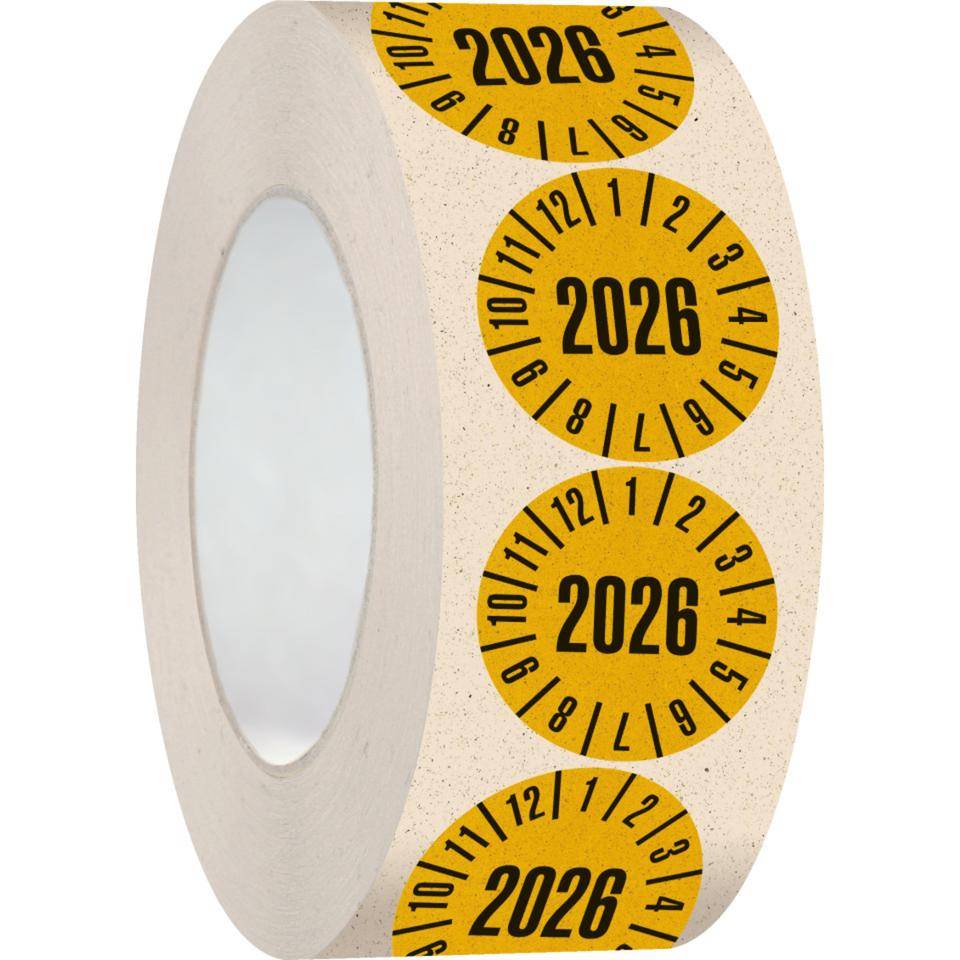 Prüfplakette 2026, gelb, Primärfaser-Graspapier, Ø 30mm, 500/Rolle