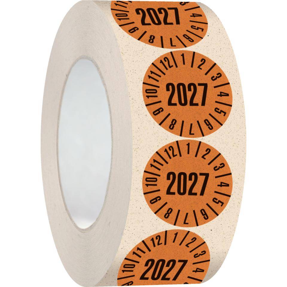 Prüfplakette 2027, orange, Primärfaser-Graspapier, Ø 30mm, 500/Rolle