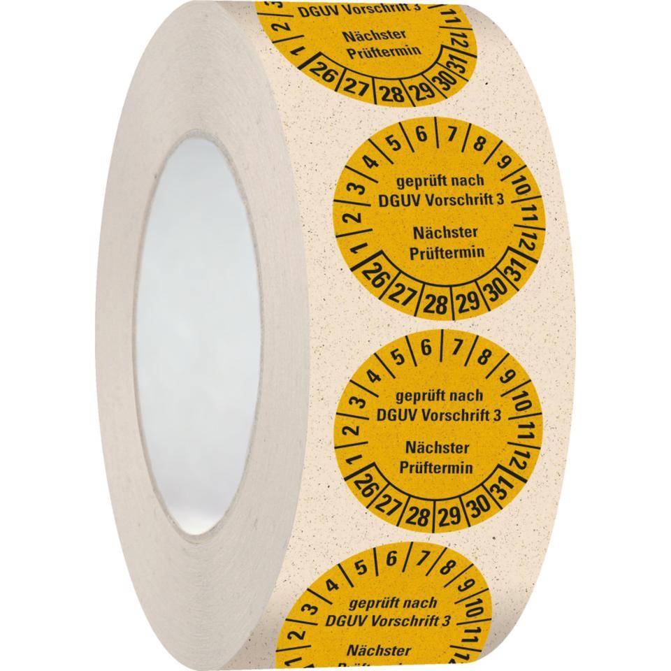 Prüfplakette gepr.n.DGUV V3,NP,26-31,gelb,Primärfaser-Graspapier,Ø 30mm,500/RO