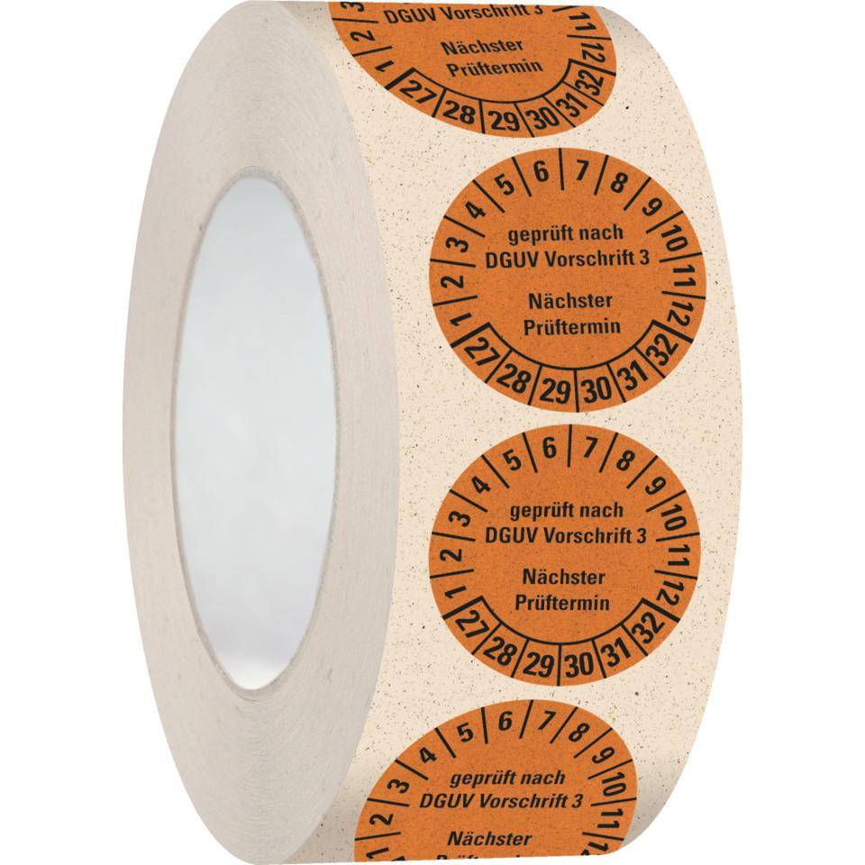 Prüfplakette gepr.n.DGUV V3,NP,27-32,orange,Primärfaser-Graspapier,Ø 30mm,500/RO