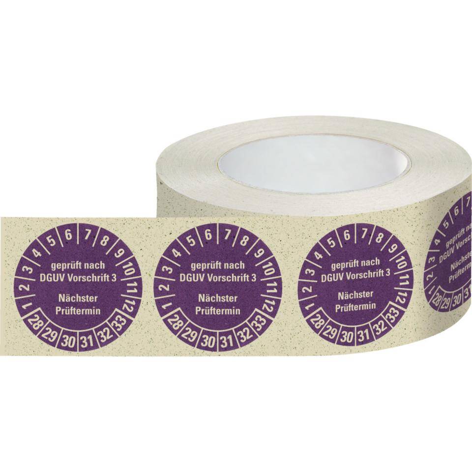 Prüfplakette geprüft nach DGUV Vorschrift 3, Nächster Prüftermin, 28-33, violett, Primärfaser-Graspapier, Ø30mm, 500/Rolle