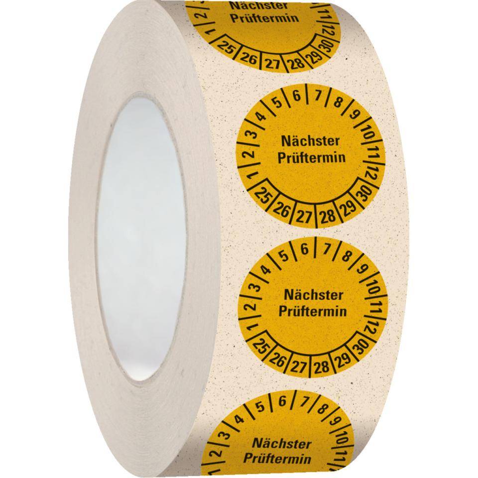 Prüfplakette Nächster Prüftermin 25-30,gelb,Primärfaser-Graspapier,Ø 30mm,500/RO