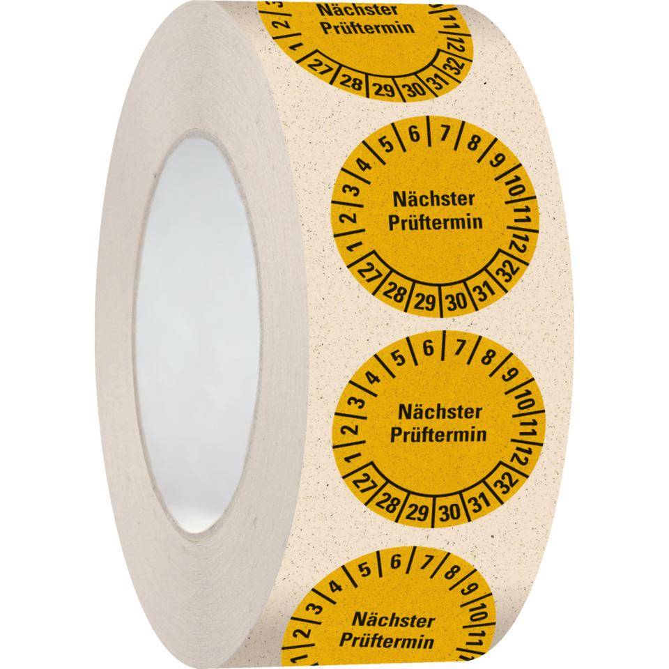 Prüfplakette Nächster Prüftermin 27-32,gelb,Primärfaser-Graspapier,Ø 30mm,500/RO