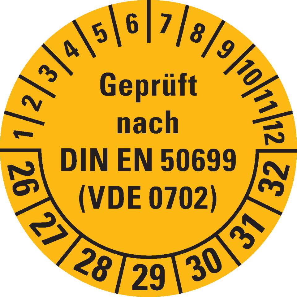 Prüfplakette geprüft nach DIN EN 50699(VDE 0702) 26-32, gelb, Dokumentenfolie, Ø 30mm, 500/Rolle
